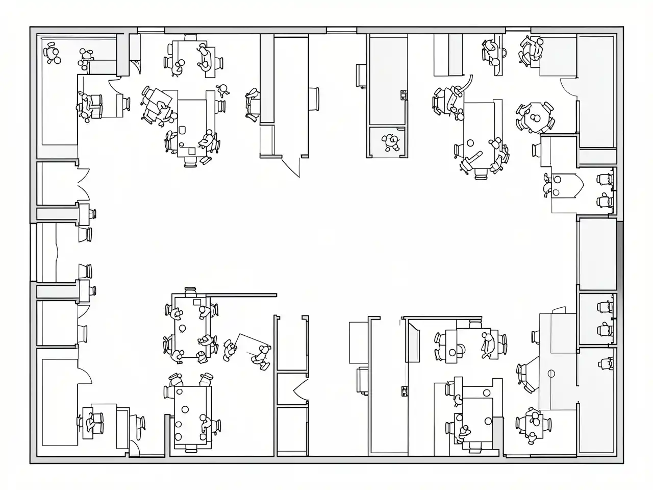 Office movement flow diagram showing activity clusters across a workspace layout